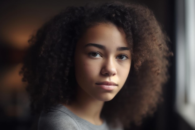 Chica adolescente afroamericana estudiante de secundaria mirando a la cámara en casa generación z raza mixta bastante adolescente de pie en el dormitorio interior casual tiro en la cabeza primer plano retrato frontal