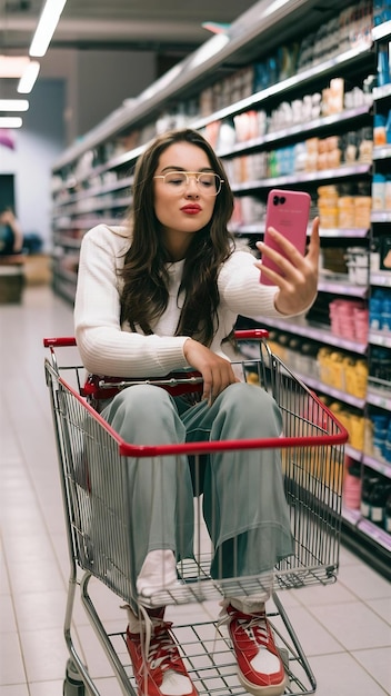 Foto una chica adolescente elegante con pantalones y suéter blanco se sienta en el carrito del supermercado