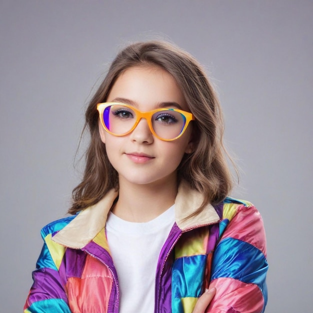 Una chica adolescente linda con una chaqueta de moda y gafas de colores