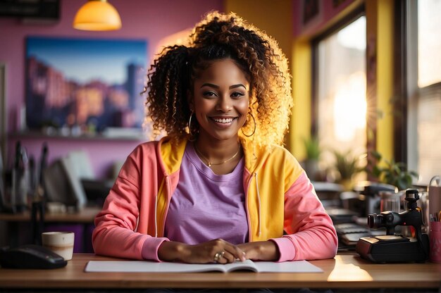 Chica adolescente negra de la generación Alpha con cabello rosa en un fondo de color