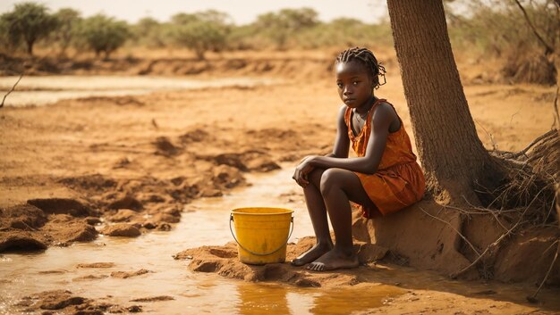 Una chica africana triste sentada en la orilla de un río seco