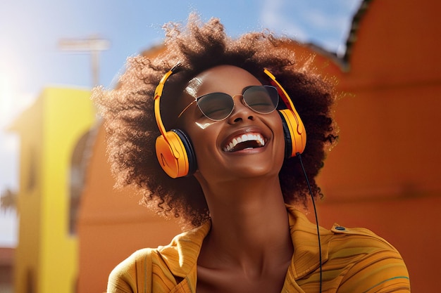 Una chica afro emocionada está escuchando música con auriculares