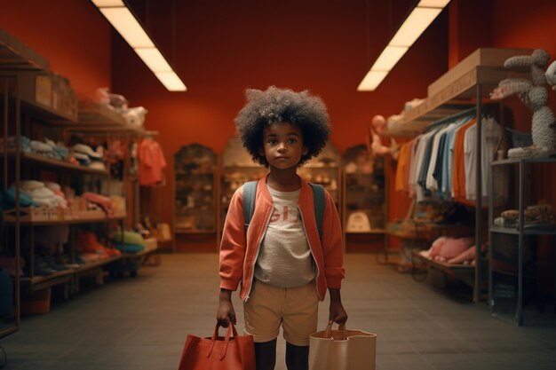 una chica afroamericana con una bolsa en las manos regresa a casa con las compras