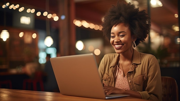 Chica afroamericana en el restaurante con portátil