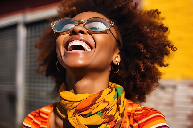 Una chica afroamericana sonriendo a la ciudad