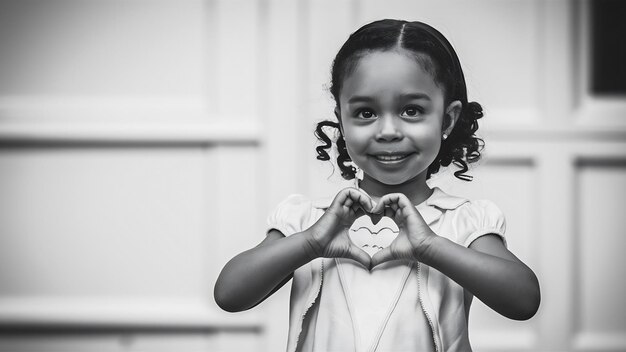 Foto una chica afroamericana sonriente muestra amor con un gesto de corazón y se ve linda ante la cámara confesando románticamente