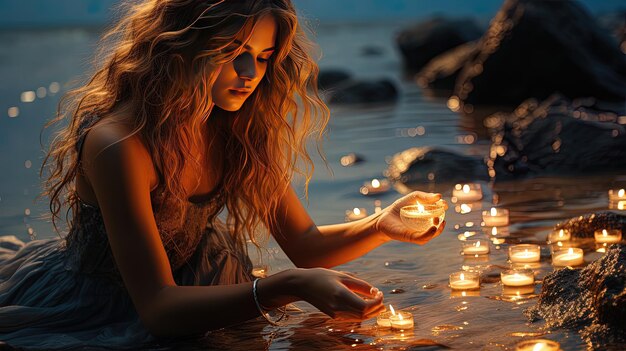 Una chica en el agua con una vela