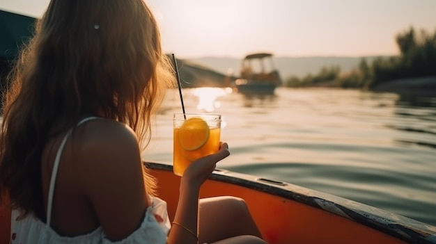 Chica Ai generativa en un bote mirando hacia el horizonte