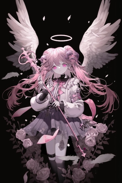 Chica con alas de ángel sosteniendo una varita generativa ai