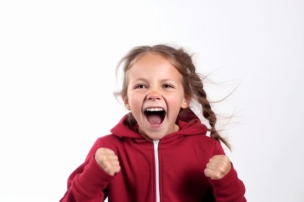 Chica alegre AI generativa muestra lengua aislada sobre fondo blanco