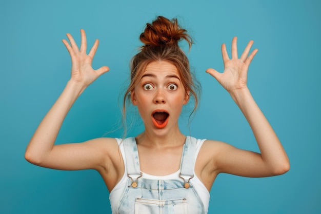 Chica alegre con un anuncio de espacio de copia en fondo azul