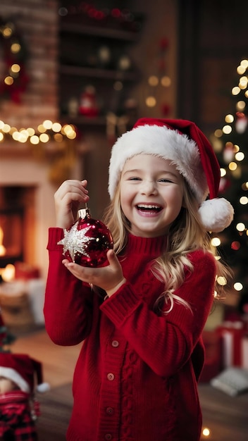 Chica alegre con decoración navideña y disfrutando de las vacaciones