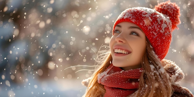 Una chica alegre se deleita en el telón de fondo de la nieve lista para la promoción de invierno Concepto Promoción de invierno sesión de fotos nevada Retratos alegres Diversión al aire libre