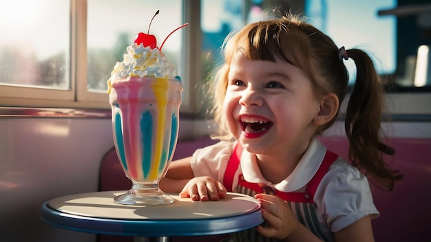 Una chica alegre disfrutando de su batido.