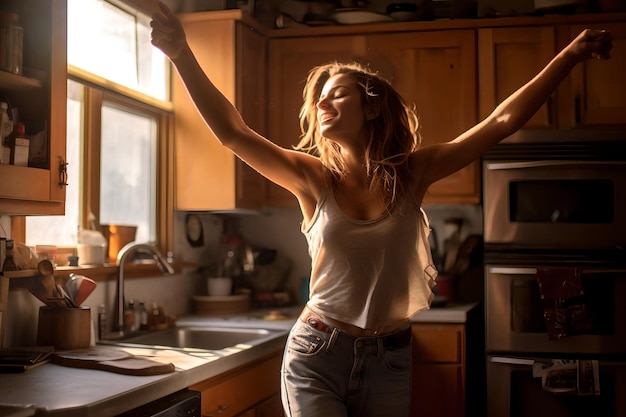 Chica alegre de energía juvenil bailando en la cocina moderna