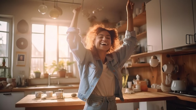 Chica alegre de energía juvenil bailando en la cocina moderna