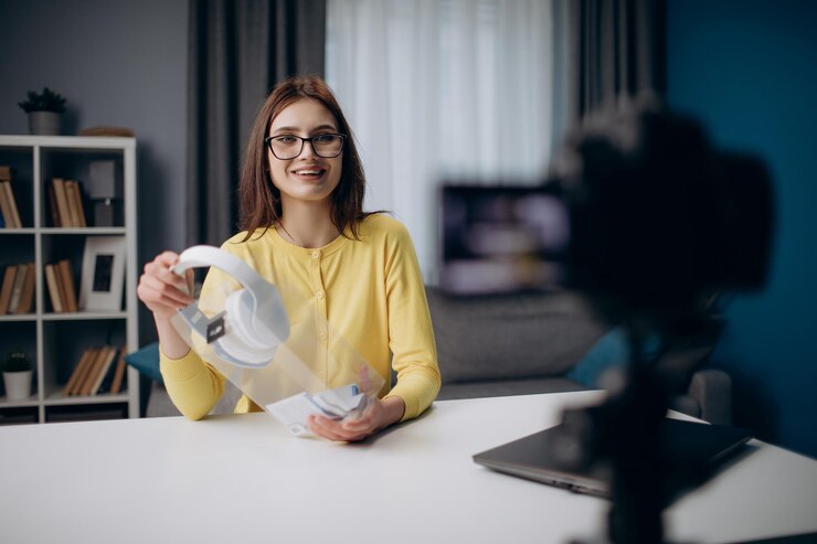 Chica alegre grabando video sobre auriculares inalámbricos