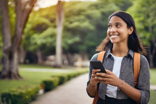 Foto chica alegre en el parque usando el móvil