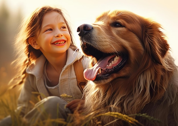 Chica alegre con un perro grande.