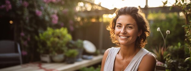 Una chica alegre sonríe en su patio trasero en un día soleado