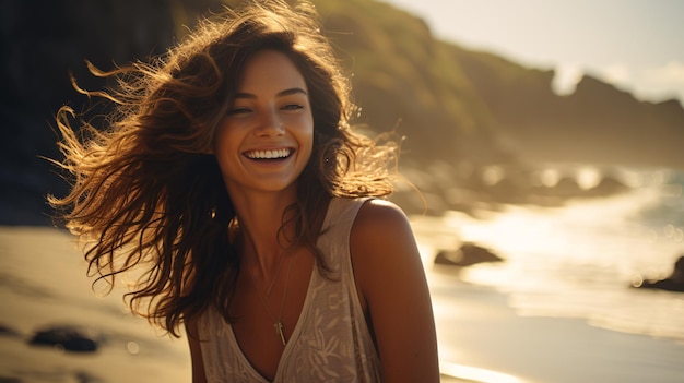Chica alegre sonriendo a la orilla del mar Señora alegre abrazando un día soleado Idea consciente de la salud con una mujer riéndose al aire libre
