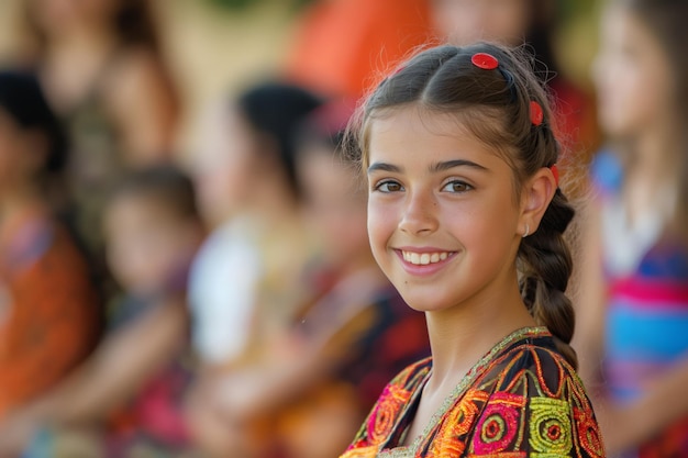 Chica alegre con una sonrisa brillante en una reunión colorida que irradia felicidad e inocencia