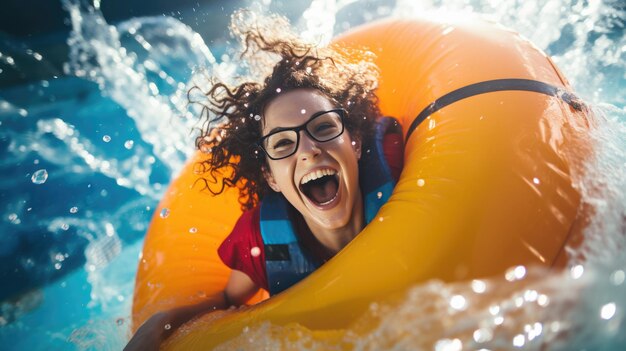 Chica alegre en los toboganes en el parque acuático