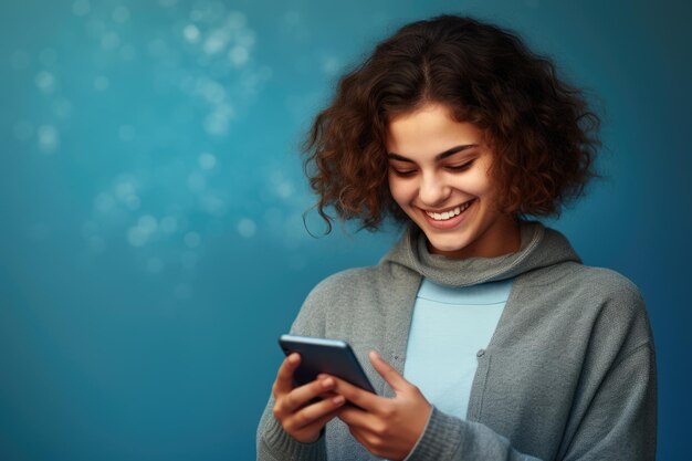 Una chica alegre vestida con un acogedor suéter azul sonríe mientras mira su teléfono inteligente en un fondo azul armonioso capturando un momento casual y moderno de conexión digital