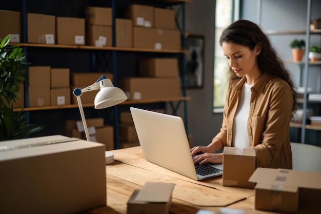 Foto una chica en un almacén con paquetes revisa el correo en una computadora