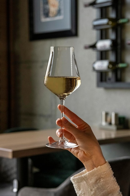 La chica almuerza cena en un restaurante Una chica bebe vino blanco en la cena Comida con vino