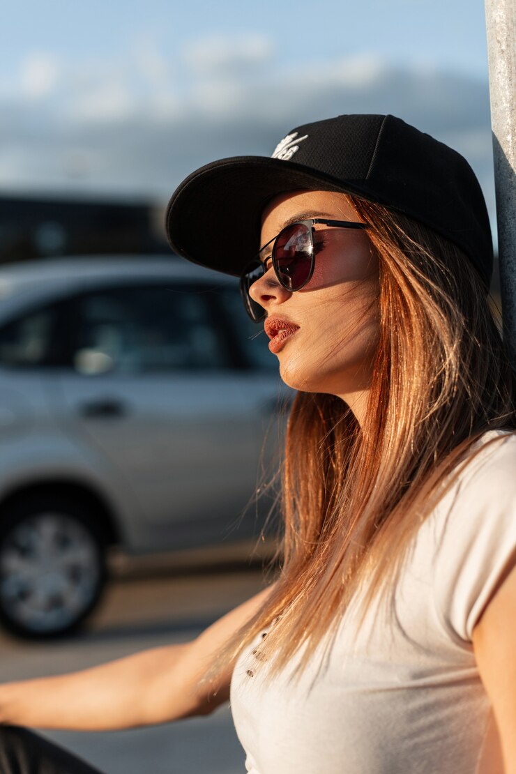 Foto chica americana muy sexy en gorra negra de moda en gafas de sol vintage en ropa de verano descansando en la calle en un día soleado. retrato hermosa chica sexy en estacionamiento al aire libre al atardecer.