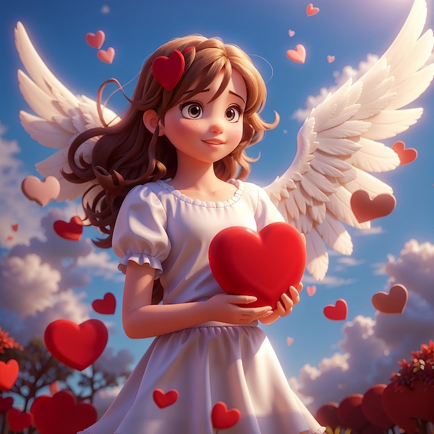 Chica ángel linda sosteniendo un corazón rojo en el cielo