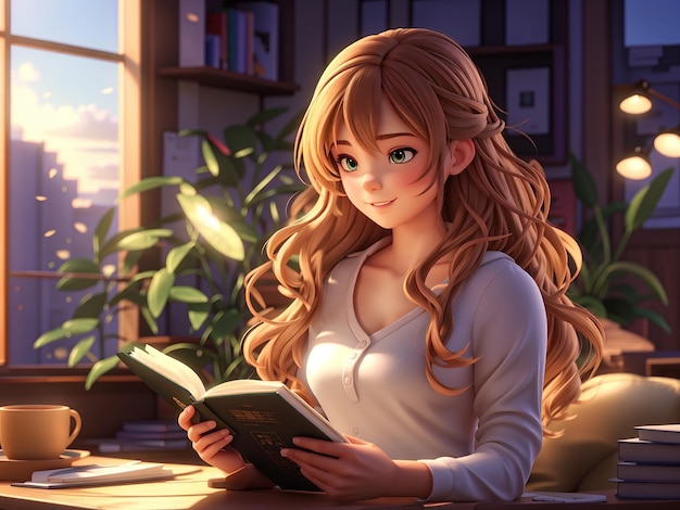 una chica de anime en 3D leyendo un libro en una biblioteca con libros en el fondo