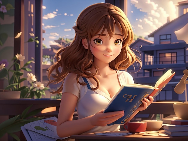 una chica de anime en 3D leyendo un libro en una biblioteca con libros en el fondo