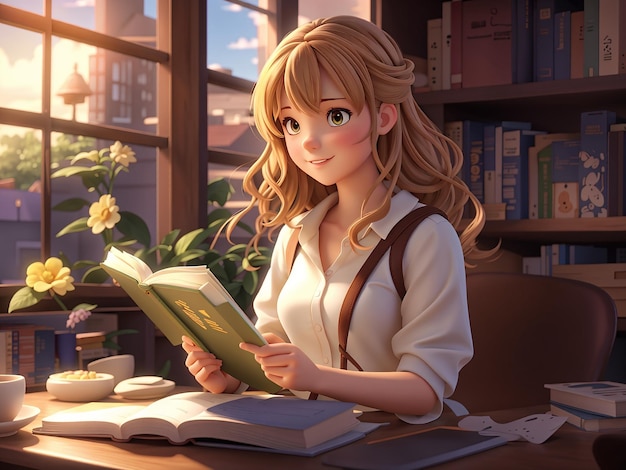 una chica de anime en 3D leyendo un libro en una biblioteca con libros en el fondo