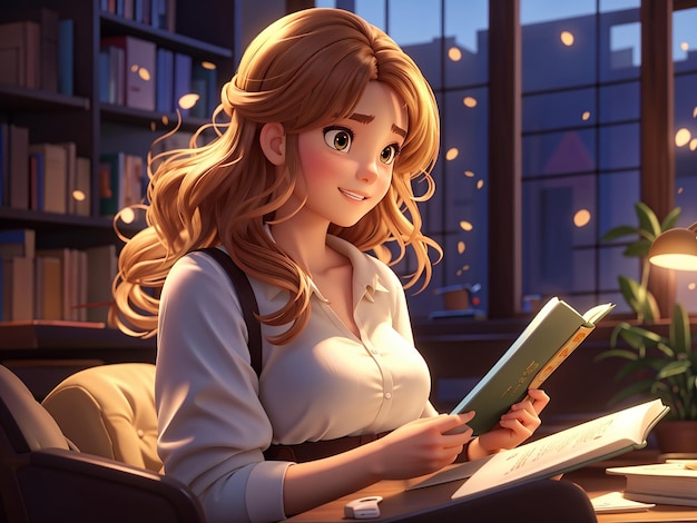 una chica de anime en 3D leyendo un libro en una biblioteca con libros en el fondo