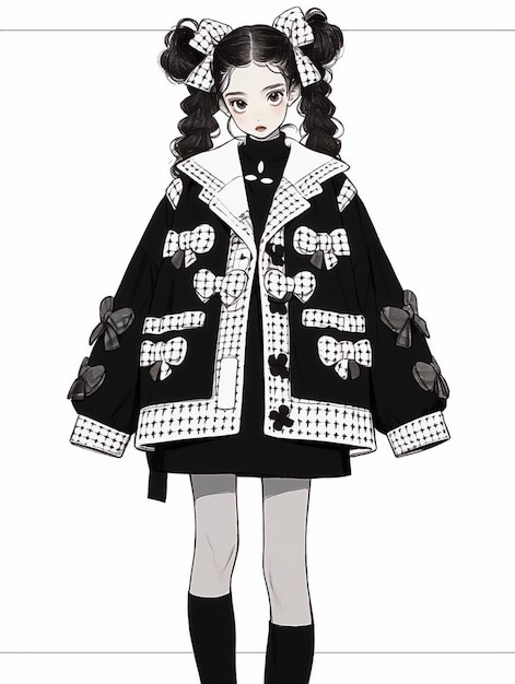 chica de anime en un abrigo blanco y negro y medias negras generativa ai