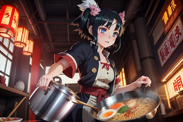 una chica de anime agitando un poco de olla de ramen