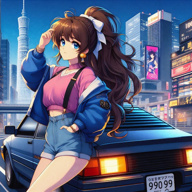 Chica de anime al estilo de los años 80 con coche vintage e ilustración digital de la ciudad