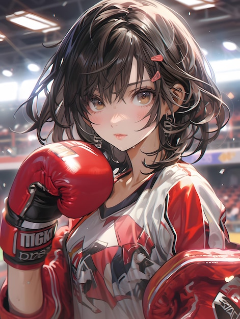 Chica anime al estilo karate con guantes rojos.