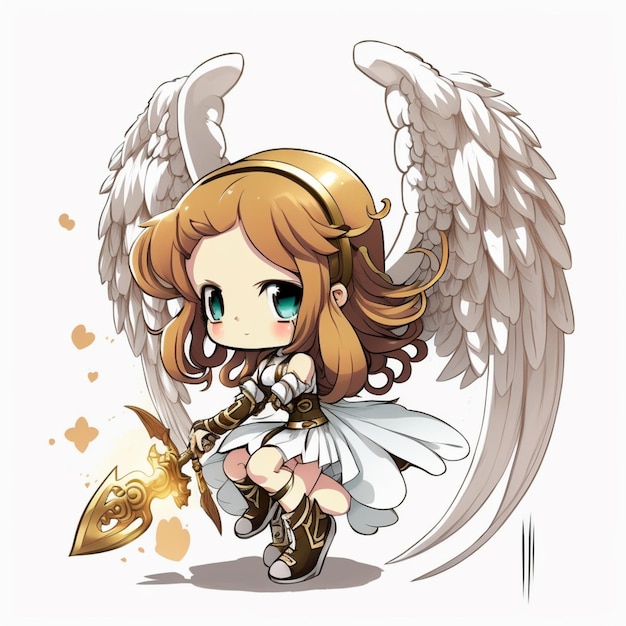 Chica anime con alas de ángel sosteniendo una espada y un escudo ai generativo