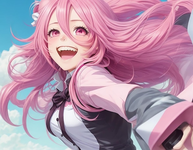 Una chica anime alegre y enérgica con cabello largo y rosa.