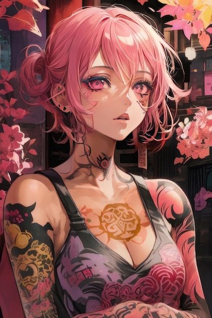 Chica de anime alternativo cubierta de tatuajes muchos tatuajes mangas de tatuaje se centran en el rosa