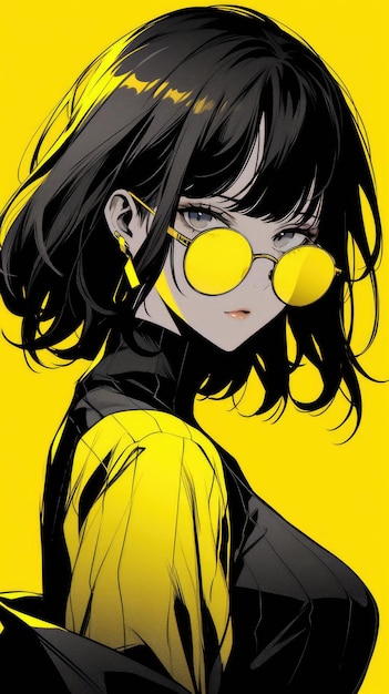 una chica anime de amarillo con gafas de sol