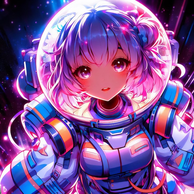 Foto chica de anime en astronauta flotando en el espacio onda sintética colorida onda de vapor ilustración retrofuturista