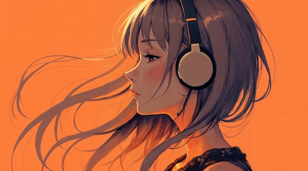 La chica del anime con auriculares en el atardecer naranja