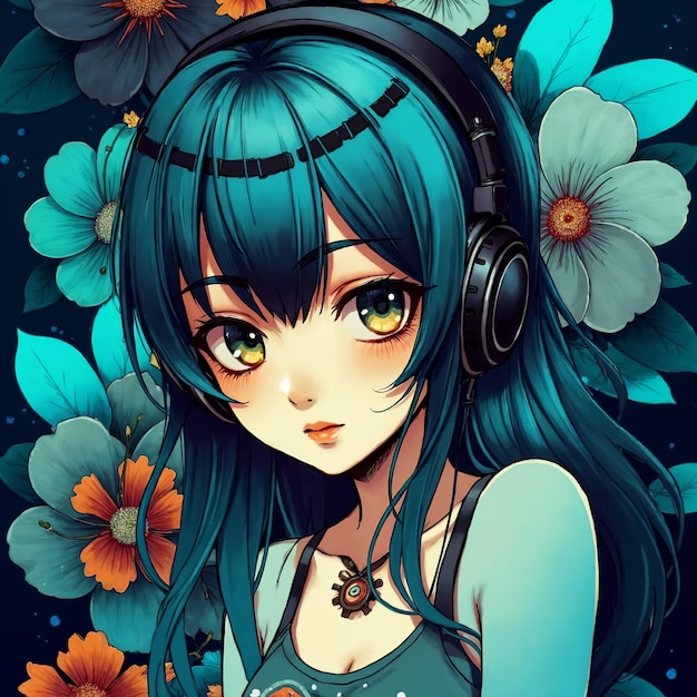 Chica de anime con auriculares y cabello azul rodeada de flores