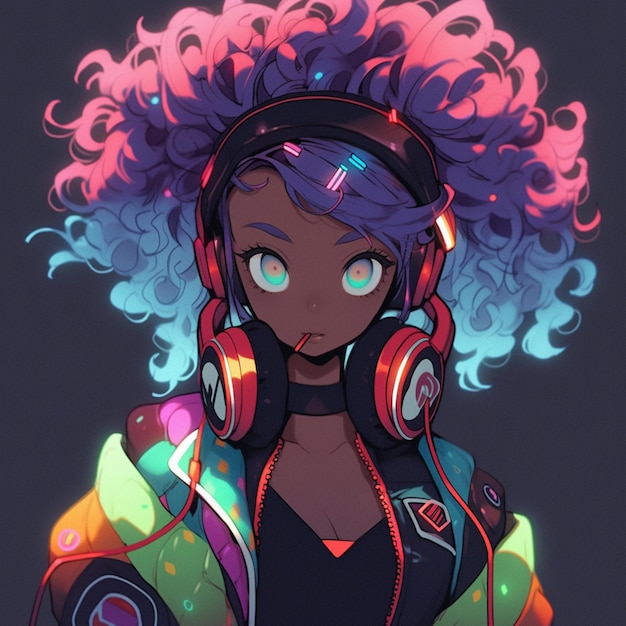 Chica de anime con auriculares y una chaqueta con un fondo de neón generativo ai