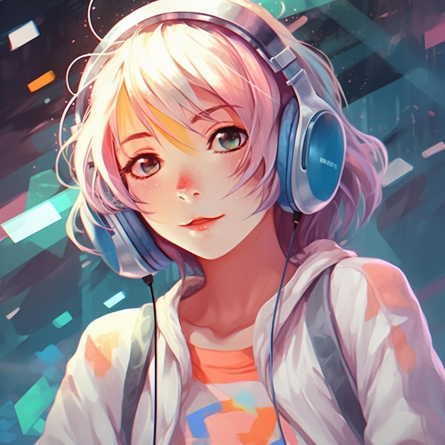 Chica de anime con auriculares y una chaqueta generativa ai