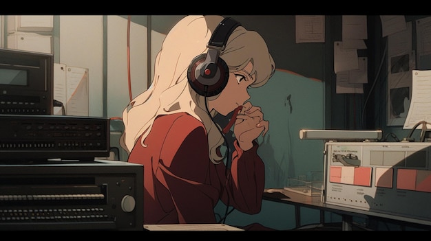 Chica anime con auriculares escuchando música en un estudio de grabación ai generativo